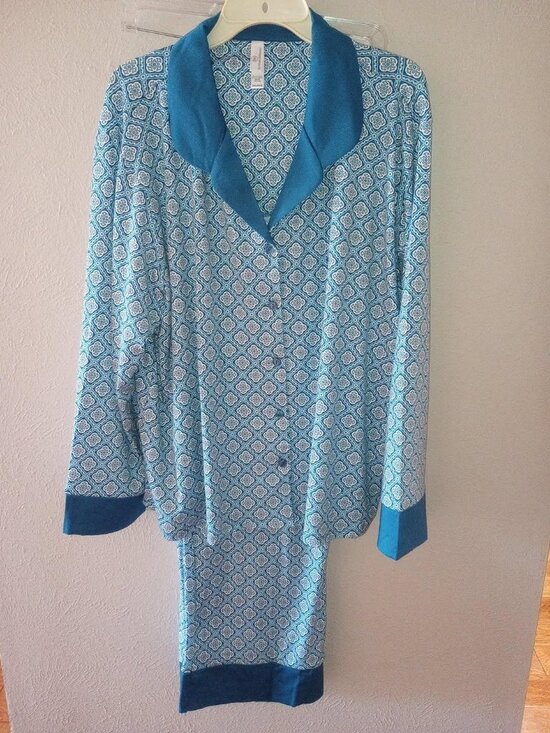 Flora Nikrooz Womens Plus Size XXL 2 Piece Satin Trim Teal Pajama Set NWT - Picture 2 of 4